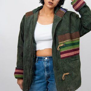 80s green leather and serape mixed media duffle coat s small m medium l large /
